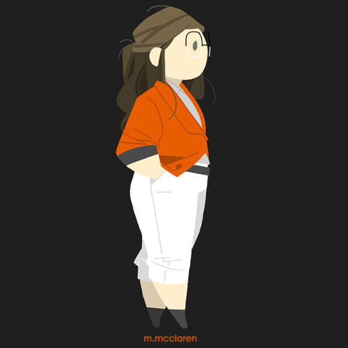 [Description: A cartoon version of myself wearing an orange blazer with black sleeves, a gray button