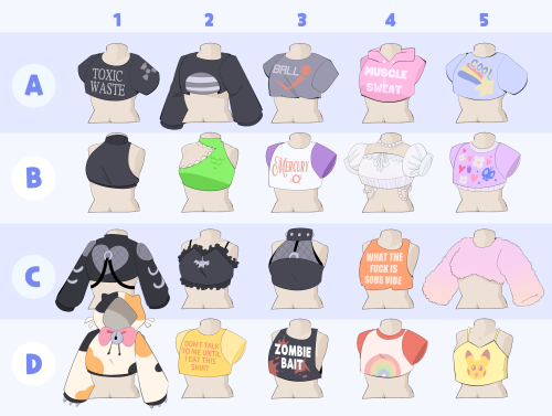 sidebloggable:Crop Tops art meme! Send the artist a letter+number, and a character to draw wearing i