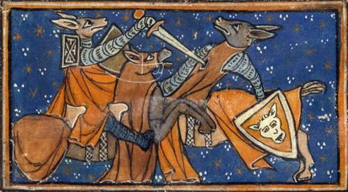 leradr: 1_Renart the fox hits in duel Ysengrin the wolf. Miniature from “Roman de Renart&rdquo
