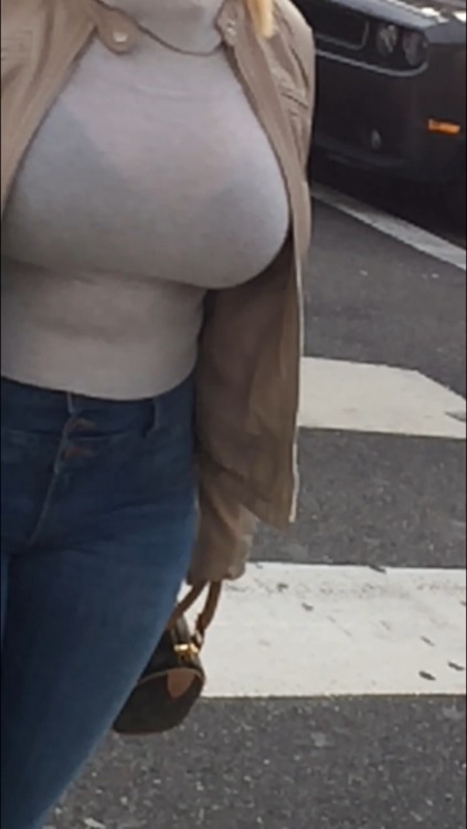 funbaggery:  Built like a belted life raft. Walking down the blvd spot her melons rocketing out from her jacket from across the street among hundreds of people 👐🏼🍈🍈