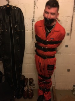 jamesbondagesx:  Repeat repeat offender put in prison uniform, restrained and punished with mock hanging; strapped in straitjacket, mouth clamped open and used as an ashtray All breath play is conducted safely. Do not try alone. 