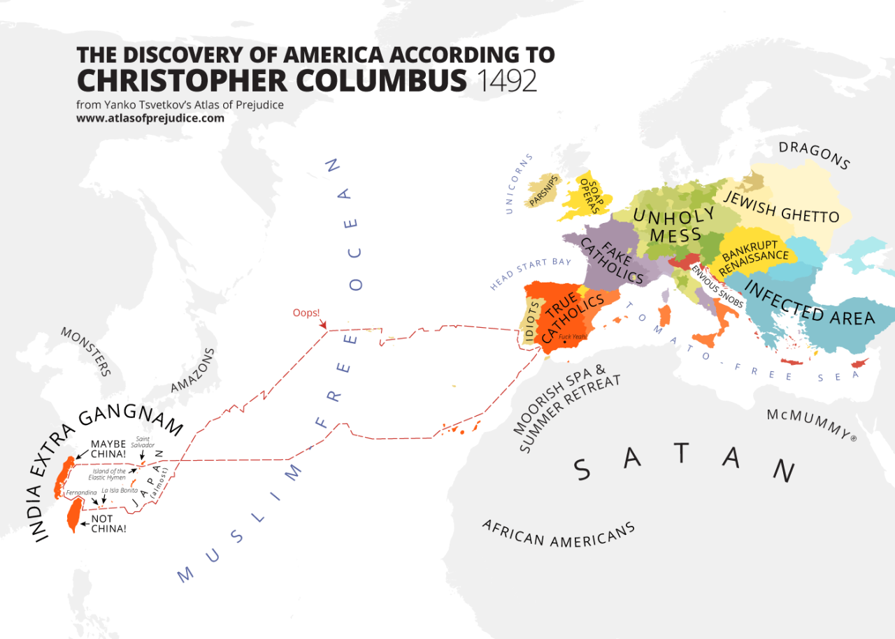 The Discovery of America According to Christopher Columbus (1492) from Atlas of Prejudice: The Complete Stereotype Map Collection by Yanko Tsvetkov.