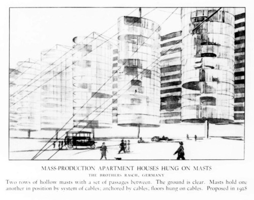 Design for mass produced apartment houses hung on masts, Germany