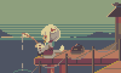 An animated pixel art scene featuring a character fishing, except instead of pulling a fish out of the water, they pull out a fish spirit, who is both confused and annoyed.