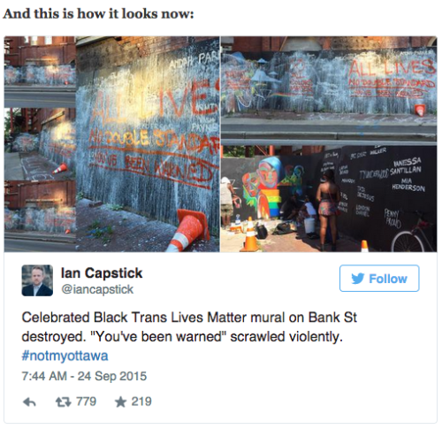 huffingtonpost:‘Beautiful’ Black Trans Lives Matter Mural Vandalized In OttawaAn investigation is un