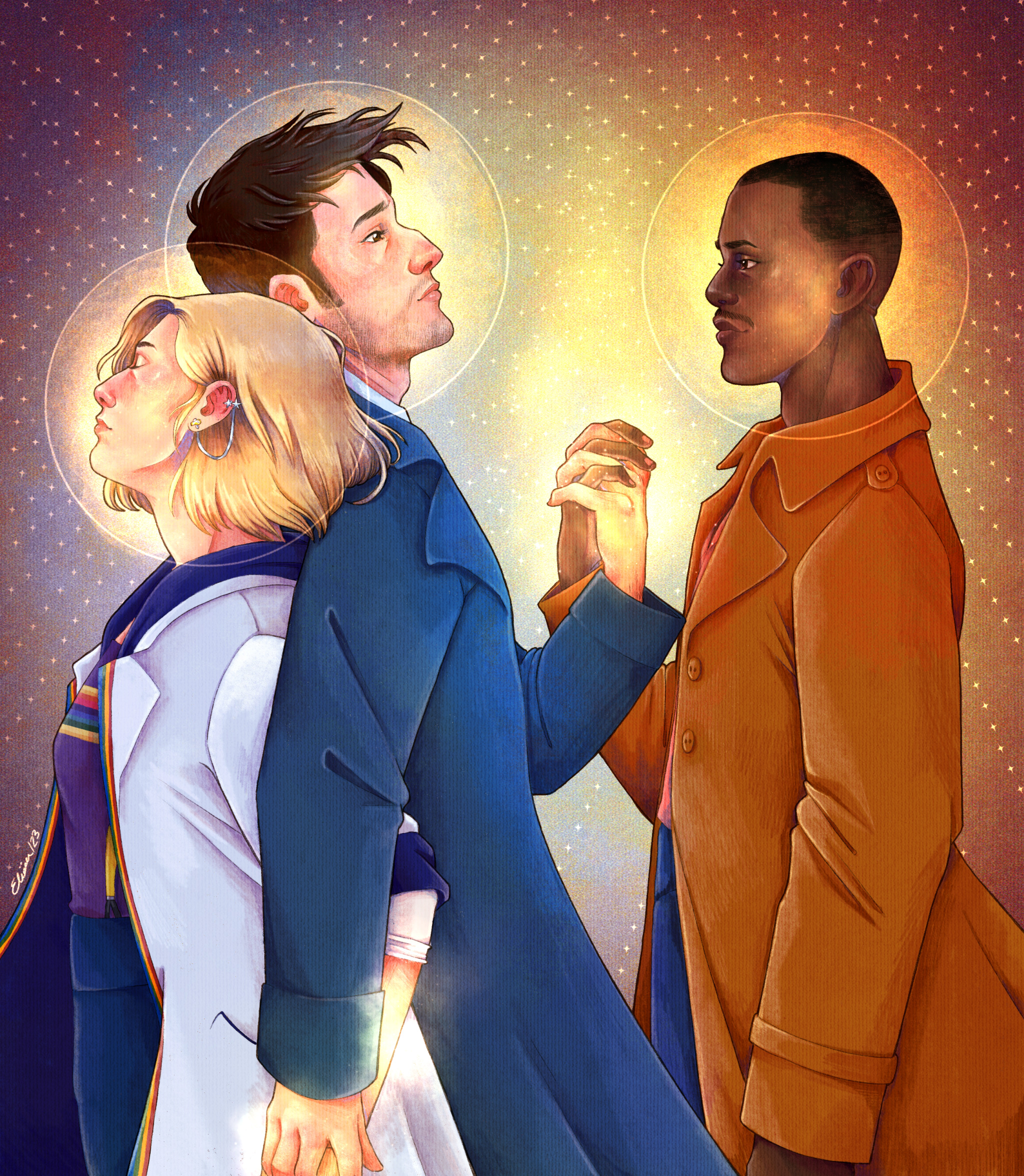 Fanart depicting the thirteenth, fourteenth and fifteenth Doctors from Doctor Who. Jodie Whitaker and David Tennant are standing back-to-back while Tennant clasps hands with Ncuti Gatwa.