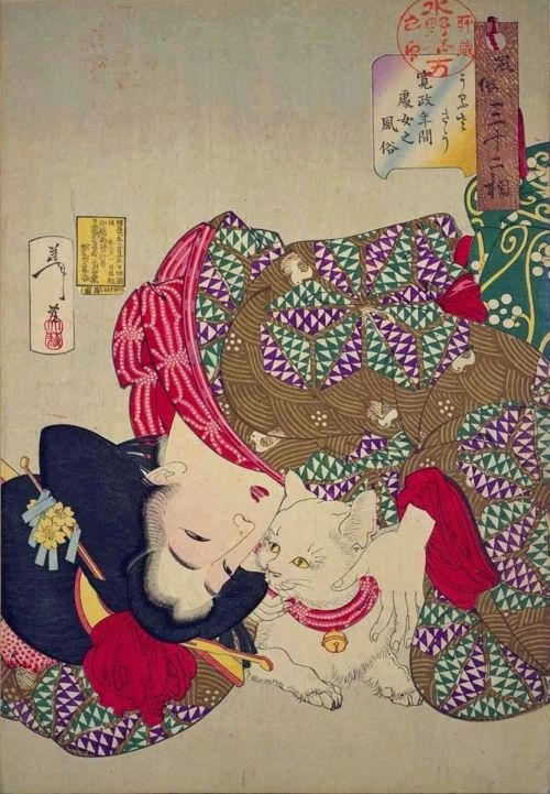 A young woman from Kansei period playing with her cat, 1888, Tsukioka Yoshitoshi