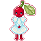 Pixel art of cherry character in a white dress with a white outline