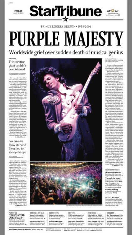 laporcupina: Front page news and back-page ad of Prince’s hometown paper, the Minneapolis Star