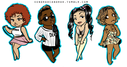 kendrawcandraw:  Decided to draw some of my favorite rappers as a reward for doing actual work Babeo Baggins, Cakes Da Killa, Princess Nokia, Mykki Blanco, Junglepussy, Dai Burger, and Le1f <3333