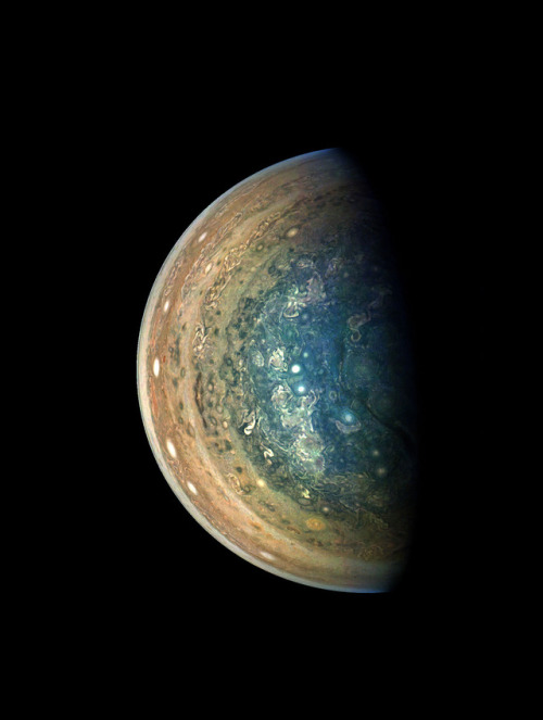 just–space: Jupiter’s Swirling South Pole : This image of Jupiter’s swirling south polar regio