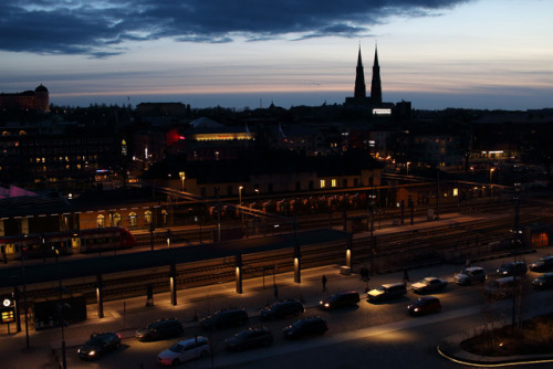 swedishdailyphoto: Dusk over Uppsala railway station and cathedral