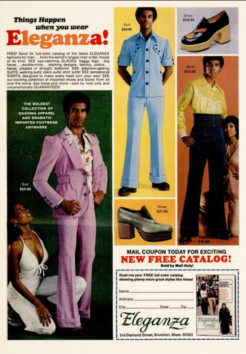 dandyads: Eleganza, 1974Adjusted for inflation, that stylin’ purple suit would cost you $265 today.