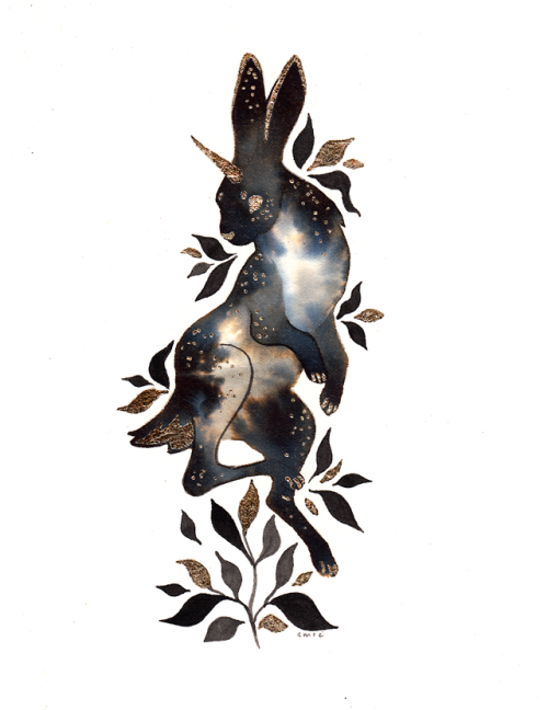 kamccafferty:Hare for today’s Junicorn ~ink & gold leaf on hot press, 5x7″originals from this se