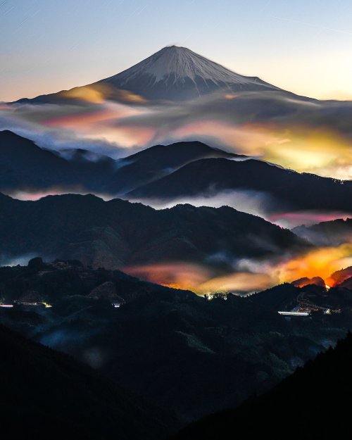 Colourful cloudy Mount Fuji, breathtaking pic seen on.In kimono fashion, hazy mountains is a pattern