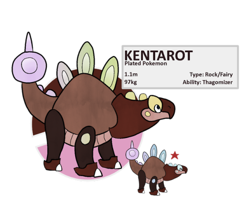 KENTAROTThe Plated PokemonType: Rock/FairyAbility: Thagomizer*Height: 3′07″/1.1mWeight: 