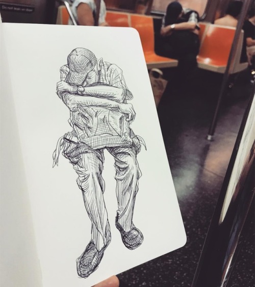 gunopark: Drawing on the B train on my way home. #nyc #drawing #ballpointpen #sketchbook #NYCMTA (at