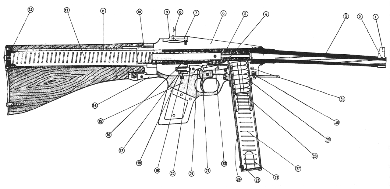 FIREARMS CURIOSA — Cross-section sketch of the French MAS-38...