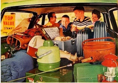 Coleman stove, thermos, lantern, boat motor, and sleeping bags. Samsonite luggage. Wilson clubs