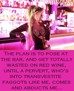 faggotryngendersissification: The plan is to pose at the bar and get totally wasted on red wine, until a pervert, who’s into transvestite faggots like me, comes and abducts me… F.A.G.S. 