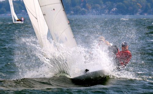 XXX Yes, sometimes scow sailing can be wet. photo