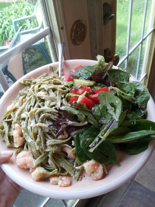 shrimp, spinach pasta, and alfredo sauce with a salad!