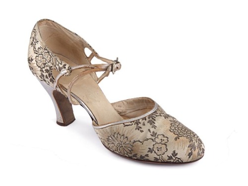 D'Orsay shoes with beige colour damask upper with floral pattern and silver and leather appliqué on 