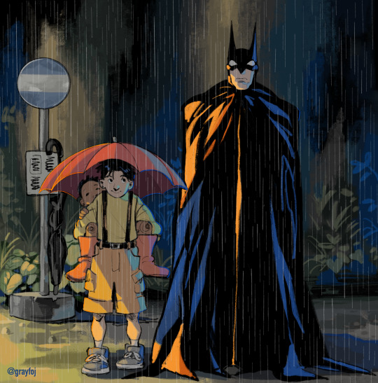 Fanart depicting Batman and Tim Drake’s Robin as Totoro and the child from the My Neighbor Totoro movie poster, standing at a bus stop in the rain.