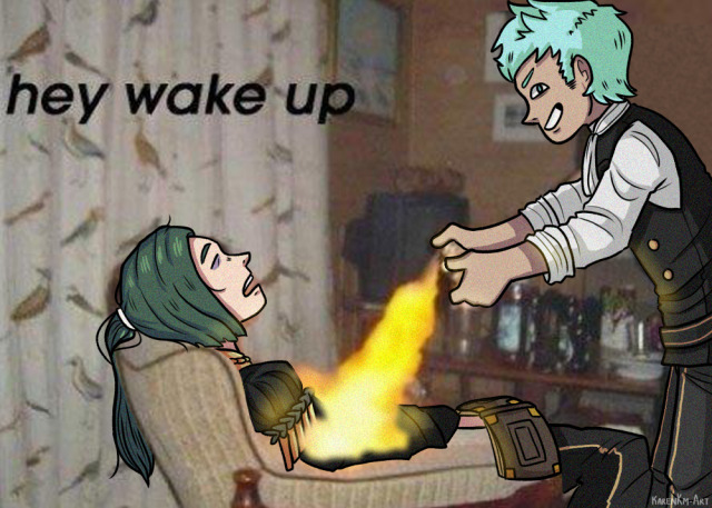 Caspar trying to wake up Linhardt with fire