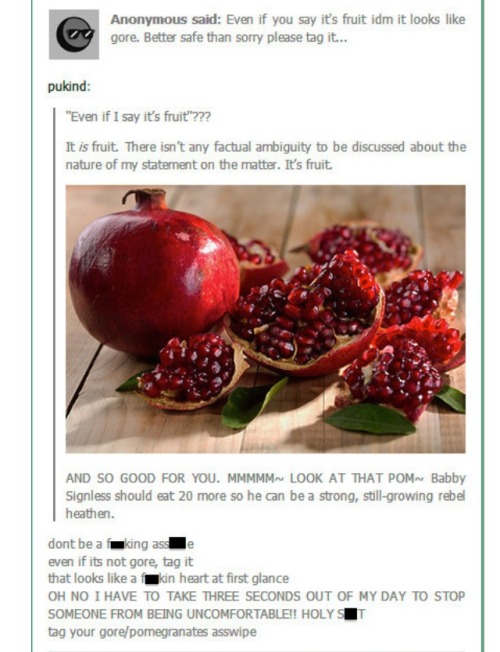 train-heartnet-xiii:  riverforasoulreason:  “TAG YOUR GORE/POMEGRANATES ASSHOLE”GREATEST SENTENCE EVER.  I was preparing a pomegranate a week or so ago and I had to walk away and sit down because I suddenly remembered that “tag your gore/pomegranates”