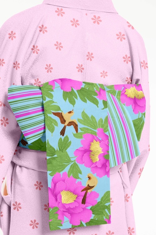 Birds and peonies, bright vintage obi reprinted by Kimonotte