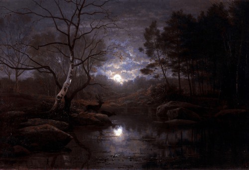 aqua-regia009:Forest landscape in the moonlight (1861)by Georg Eduard Otto Saal(1817-1870)