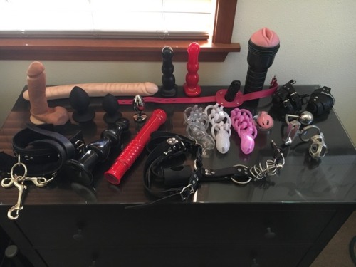 -johnnymo: A list of the toys includes: Several Holy Trainer chastity devices, leather harness and r