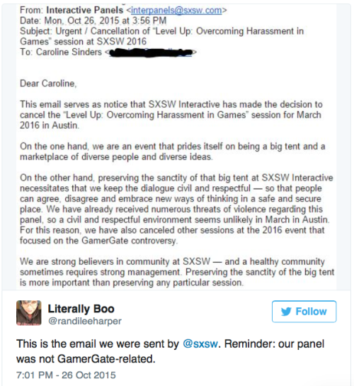 micdotcom:SXSW cancels online harassment and GamerGate panels after threats of violenceThe annual So