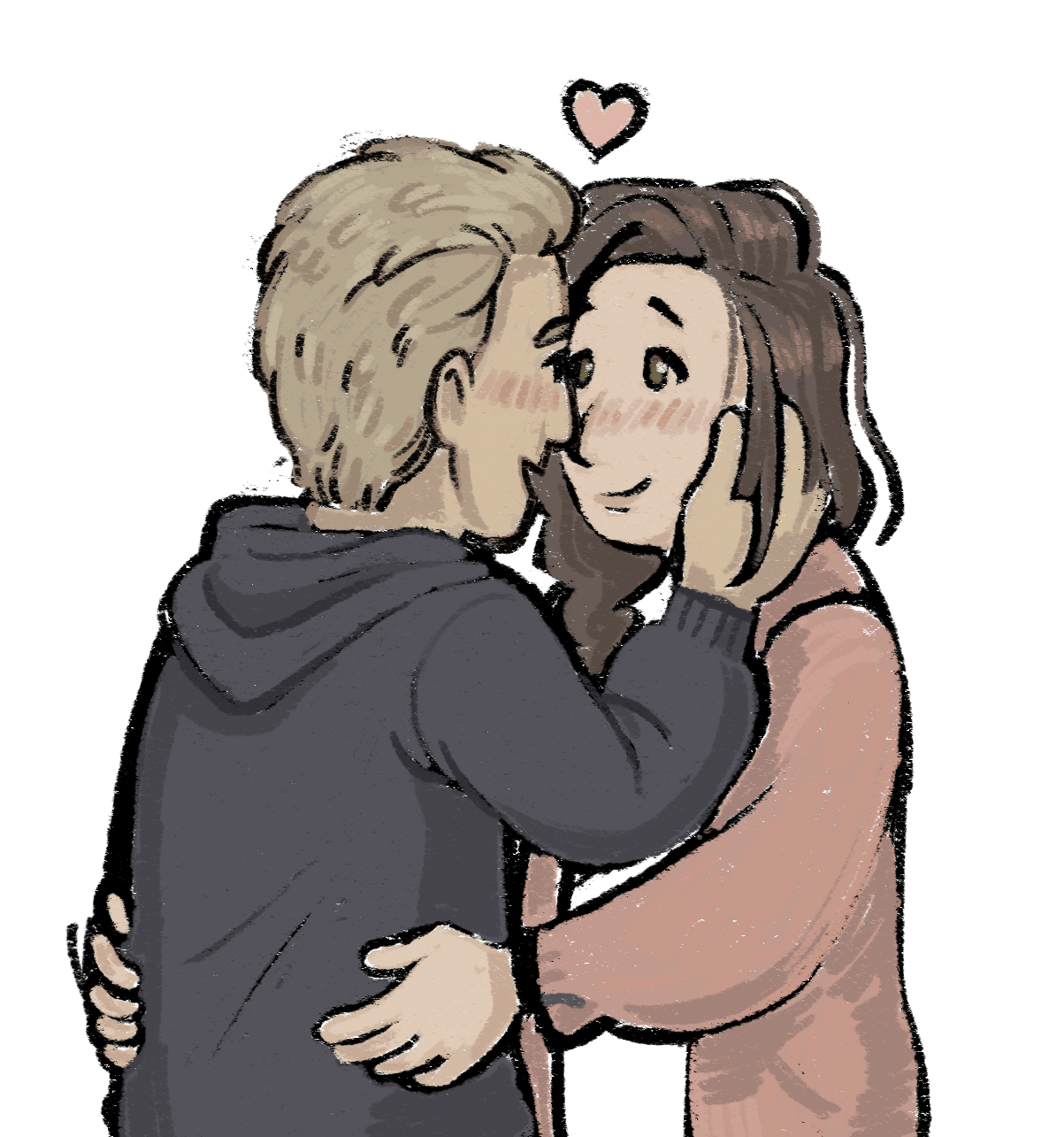 a soft drawing of Ethan and Mia Winters from Resident Evil holding each other