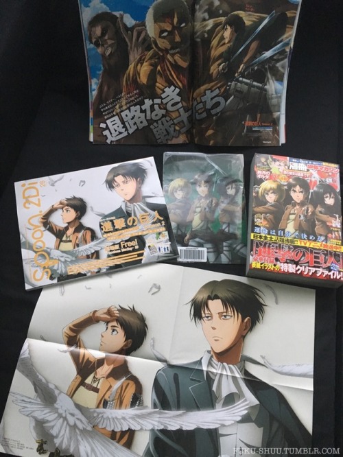 Just received the June magazine merch haul for SnK (For July issues)! Included are Bessatsu Shonen July issue   bonus Shiganshina Trio clear file & Spoon.2Di Vol. 26   bonus poster, as well as the insert page for Newtype!The Eren & Levi poster