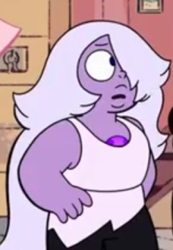 oragala:  I know we’re all focusing on Bismuth, but Amethyst has a new outfit, meaning she got poofed at some point! She has a white shirt, and the colors on her pants seem to have been swapped, with the stars and boots becoming purple and the rest