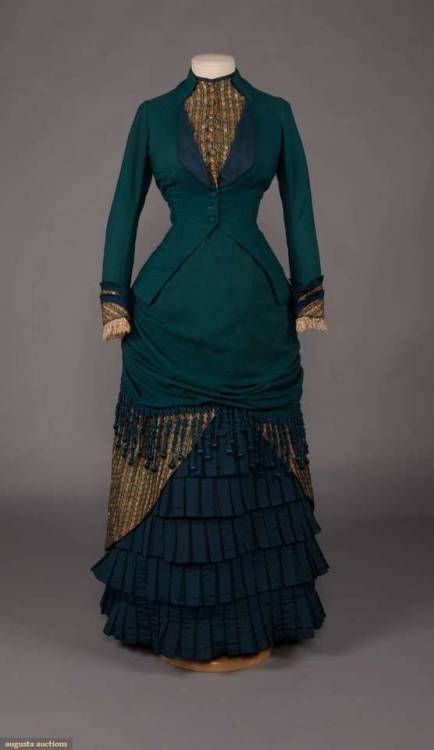 TEAL WOOL VISITING DRESS, c. 18802-pc teal wool & brocaded silk day dress with center front butt