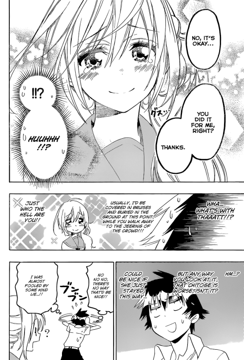 squinting-tarantino:  Instead of uploading the whole chapter ima just tell yall. Chitoge loses the ribbon Raku gives her, to the wind. But Raku finds the original and shit is cute until we see that basic bitch Onodera.  