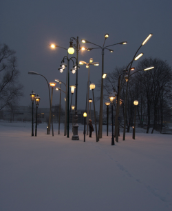 urlof:  Sonja Vordermaier, Streetlampforest, a collection of 30 european streetlamps from different origins and times, Mangfallpark Rosenheim, talking place at the horticultural show Rosenheim 2010. 