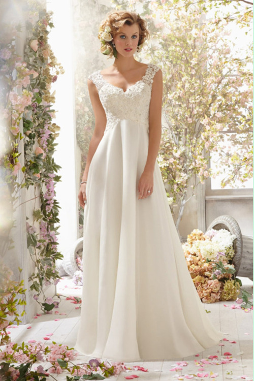 A-line Beads Applique V-neck Court Train Wedding Dress 