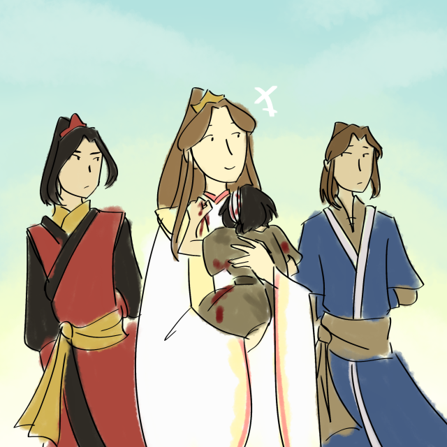 A digital, slightly messily colored drawing of the Crown Prince Xianle holding Honghong-er and smiling gently. Feng Xin and Mu Qing stand behind him, arms behind their backs. They watch him with subdued expressions. Honghong-er clings to Xie Lian desperately.