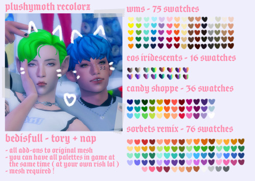 ♡  bedisfull’s tory and nap hairs ( recolored ) ♡base game compatiblecomes in 4 flavors ! you can ha