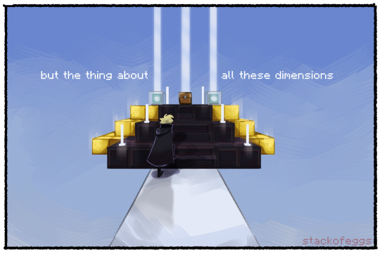 Grian is walking up a floating pyramid made of netherite and gold. A quarts path leads to it. At the top of the netherite stairs is a chest, flanked by 3 beacons at the left, back, and right of it. The beacons are activated. The sky is light blue. Text reads: 'but the things about all these dimensions'
