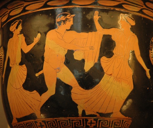 Theseus pursues a woman, generally identified as Helen.  Side A of an Attic red-figure bell-krater, 