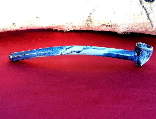 Gandalf Pipe, 11 inch long, ceramic, handmade, speckled light and dark blue glaze with dark blue vei