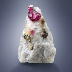 hematitehearts:  Ruby on Calcite with PyriteLocality: Jegdalek, Sorobi District, Kabul Province, AfghanistanSize: 5 × 3.4 × 2.2 cm