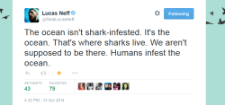 strongbirdjay:  ariesmark:  sharkielle:  GOD DAMN PREACH IT   Um ok??  What’s that have to do with anything??  Because humans slaughter sharks by the thousands every hour for no reason other than to kill them. Because we go into the sharks’ territory