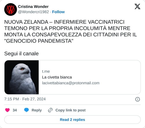 NUOVA ZELANDA – INFERMIERE VACCINATRICI TEMONO PER LA PROPRIA INCOLUMITÀ MENTRE MONTA LA CONSAPEVOLEZZA DEI CITTADINI PER IL "GENOCIDIO PANDEMISTA"  Segui il canalehttps://t.co/zD4buxHWBJ  — Cristina Wonder (@Wondercri1982) February 27, 2024