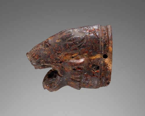  Pendant: Lion’s Head  550–500 B.C./ Italy / Etruscan / Amber The pendant consists of the head